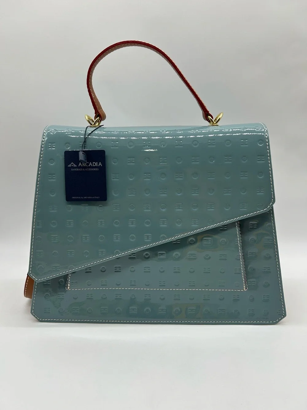 Arcadia Patent Leather Crossbody Bag Blue Tan Made in Italy New With Tag